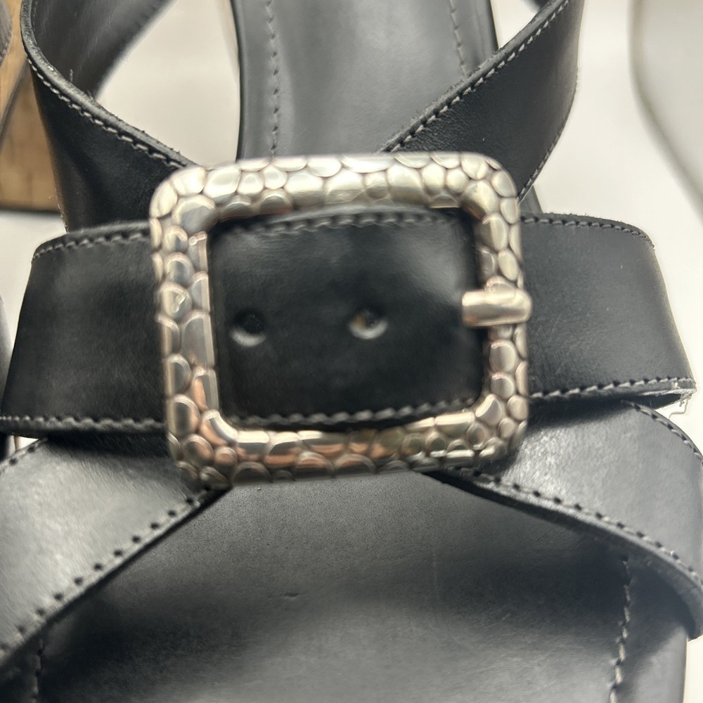 Brighton Black Leather Cork Wedge Sandals Silver Buckle Heels Size 8.5M Brazil - Picture 6 of 8